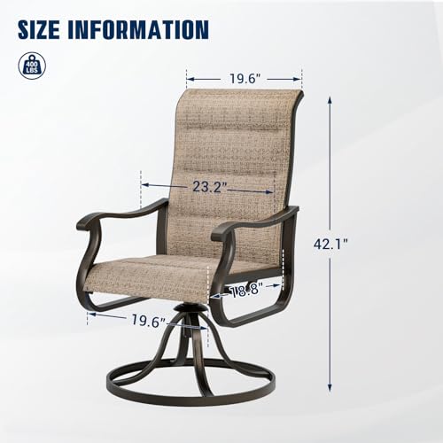 UDPATIO Patio Swivel Chairs Set of 2, Outdoor Dining Chairs High Back with Padded All Weather Breathable Textilene, Metal Rocking Frame for Backyard Lawn Garden, Brown
