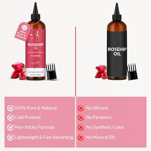 Image of AVD ORGANICS Rosehip Oil for Face 6.7 fl oz - 100% Pure & Natural Cold-Pressed | Rose hip Oil for Face, Skin, Hair, Scalp & Nails | 200 ML