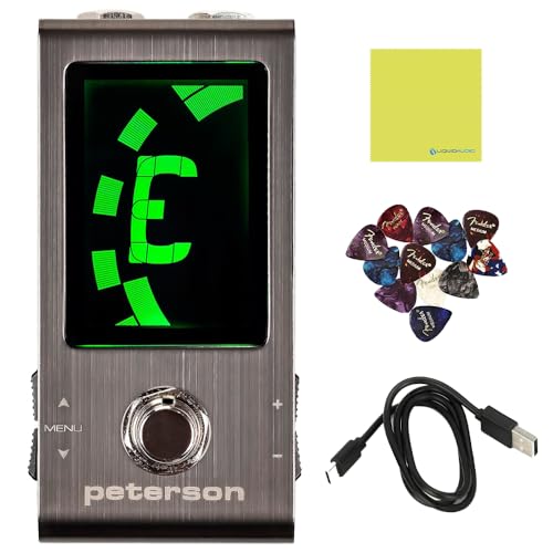 Peterson Tuners StroboStomp Mini Strobe Tuner Pedal Bundle with 12x Fender Guitar Picks & Liquid Audio Instrument Polishing Cloth