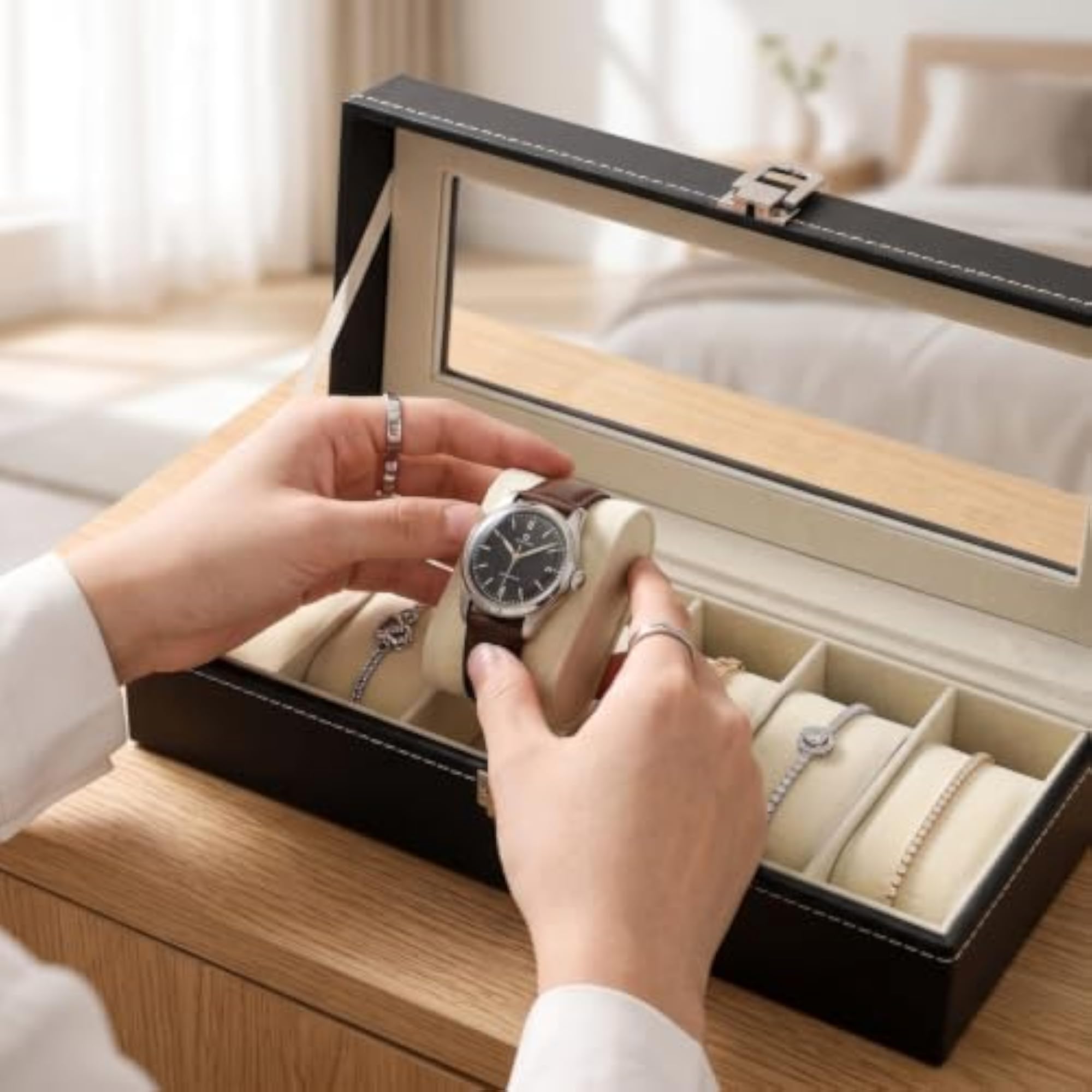 Leather Watch Box with Window for Collectors, 3 Slots