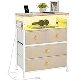 REAHOME Nightstand with Charging Station, Bedside Table with 4 Drawers and 2-Tier Shelf, Modern End Table with Wooden Top for Bedroom, Living Room, Hallway-Beige/Taupe