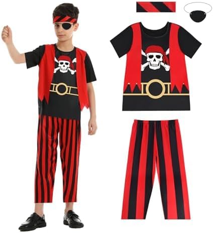 Aomig Piratenkostüm Kinder 4 Set Verbessertes Modell Piraten Kostüm Zubehör Piratenkopftuch Pirat Augenklappe Piratentuch Piraten Männer Kinder Verkleidung Piratenset Halloween Kar