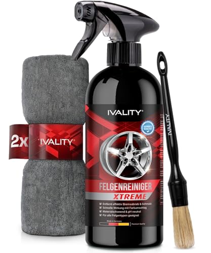 Ivality Premium Felgenreiniger Set - Mit Wirkindikator & schonend - Felgen Reiniger Auto Rim Cleaner Alufelgen Reiniger Wheel Cleaner Alu Felgen Reinigung Detailing Pinsel + 2 Mikrofasertücher