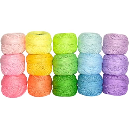 Soft 15 Colors Crochet Thread Double Mercerized Egyptian Long Staple Cotton Pearl Thread Ball 15Pack,100% Cotton (Pastel & Dreamy Tones) by LE PAON - Used condition - US$18.29
