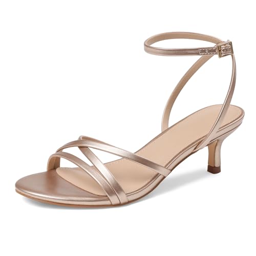 CYNLLIO Champagne Strappy Kitten Heels for Women 2 Inch Low Heel Small Sandals Ankle Stap Round Open Toe Short Sandalias de Mujer Wedding Dressy Shoes Size 8