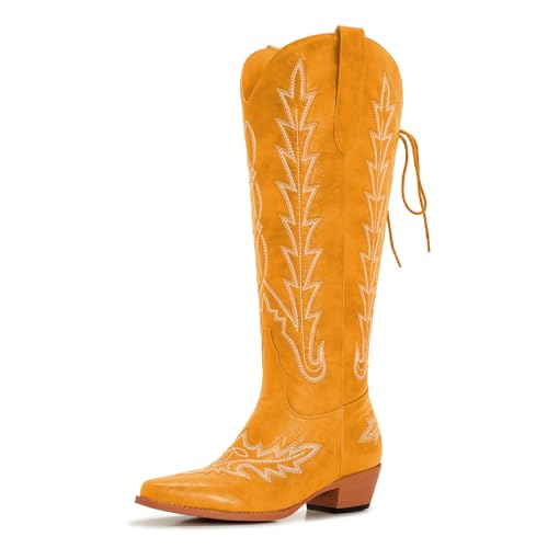 Image of Uillnoodu Wide Calf Cowboy Boots Women Knee High Tall Western Cowgirl Boots Adjustable Lace Up Plus Size Comfortable 2-Inch Heel
