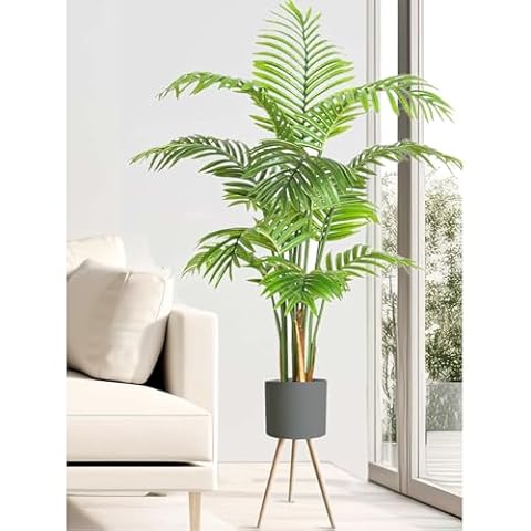 Yatmung Faux Trees Indoor with Metal Planter - 5Ft Artificial Plants Indoor - Palm Plant for Home Decor - Nearly Natural Tropical Tall Floor Plant for Living Room - Large Fake Palm Tree Indoor - Grey Cover
