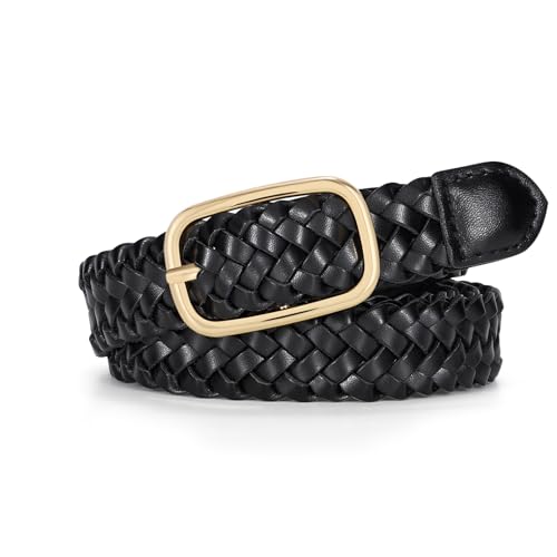 JASGOOD Women's Skinny Leather Braided Belt, Hand-Woven Thin Belt with Gold Buckle for Women for Jeans Pants Dresses