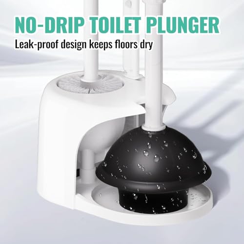 Image of FORASTO 4 in 1 Toilet Brush and Plunger Set, Long Handle Combo, 2 Pack | White bathroom cleaning tools with holder. Includes bonus crevice cleaning brush for deep toilet bowl scrub.