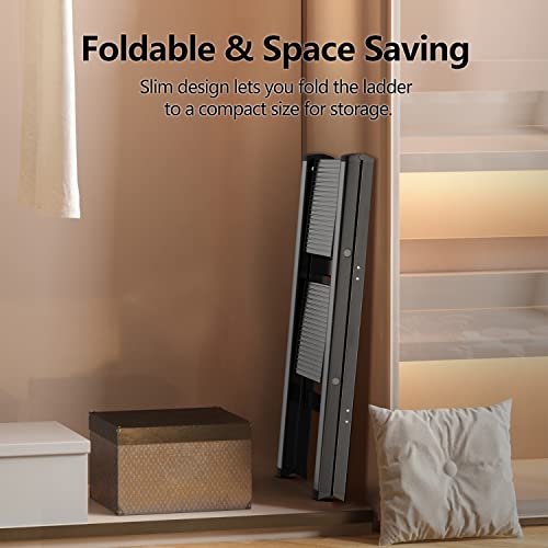 Image of SOLADDER Step Stool, 2 Step Ladder with Anti-Slip and Wide Pedal, Folding Portable Iron Stepladder for Home and Kitchen, 300lbs - Black