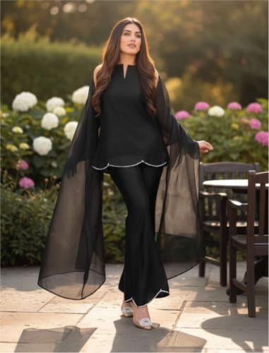 Image of Pearl Embroidered Solid Kurta Palazzo Set|Indo Western Party Outfit with Organza Net Dupatta|Sleeveless Kurti for Women