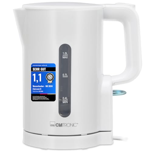 Bollitore Clatronic 1L | 900W | Senza BPA | Comando con una sola mano | Indicatore del livello dell'acqua | Bollitore | Protezione contro il surriscaldamento | WK 3834 bianco