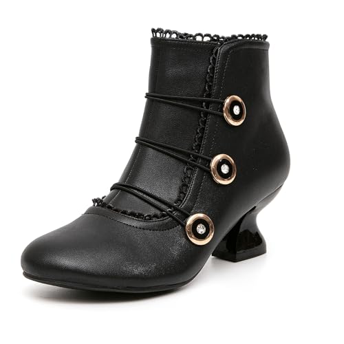 getmorebeauty Women's Ankle Boots Low Heels Lace Buttons Round Toe Side Zipper Vintage Short Boots Autumn Winter