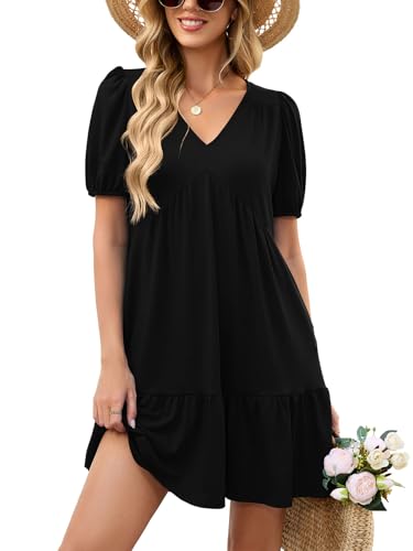 Naggoo Babydoll Dresses for Women V Neck Summer Empire Waist A Line Flowy Ruffled Casual Mini Dress Black L