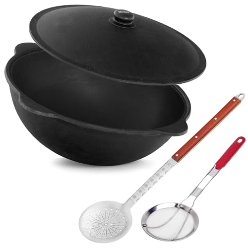 Kazan aus Gusseisen 22 L mit Schaumkelle Frittierkelle Kasan Uzbekisch mit Deckel Cast Iron KESSEL Uzbek Camping Usbek Schwenktopf Asia WOK Topf mit Aluminium Deckel Grillwok Gusstopf Wokpfanne
