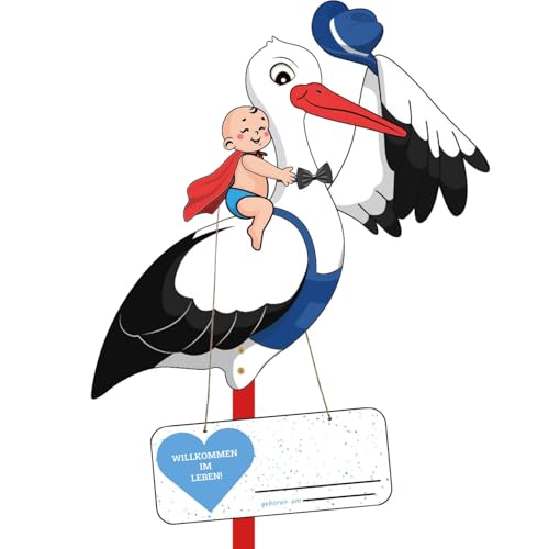 Klapperstorch Set zur Geburt Baby,81cm hoch Babystorch,Großer niedliche Holz Klapperstorch für Baby Junge Geschenk,Beidseitig Bedruckt,Geburtsstorch inkl,Holzstab+ Namensschild Grußkarte
