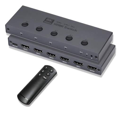 8K HDMI 2.1 �ؑ֊� 5 ���� 1 �o�� 8K@60Hz�A4K@240Hz�A1080P@480Hz HDCP2.3 HDR10+ 3D CEC �Ή� PS5/Switch �Ή� IR �����R�� �i���{��������t���j
