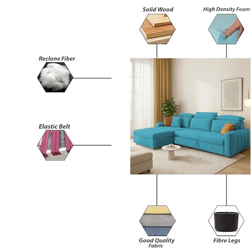 Image of Casaliving Gagnon LHS 4 Seater L Shape Corner Sofa Cum Bed for Living Room (Turquise Fabric) Premium Fabric Sofa
