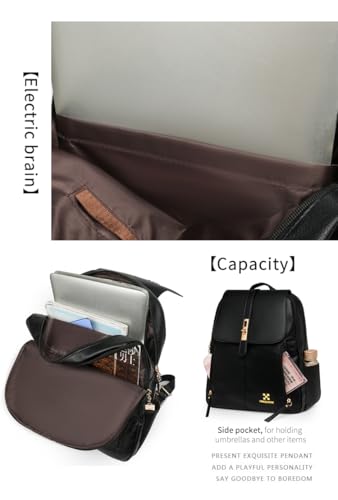 Image of H-SQUARE LuxeTech Ladies Laptop Backpack - Stylish Leather Bag with Gold Buckle, Laptop Compartment & Dual Zipper Pockets