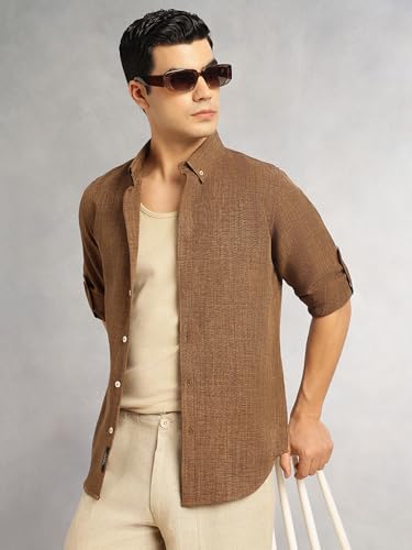 Image of Thomas Scott Men's | Solid | Textured Fabric | Full Sleeve | Slim Fit | Polyester-Blend | Spread Collar | Casual Shirt