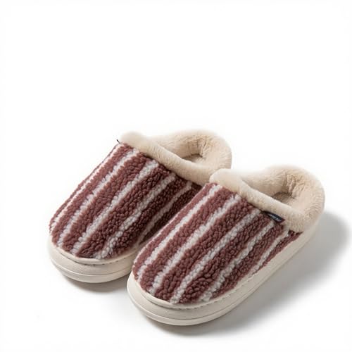 Women’s Striped Plush Indoor Slippers, Closed Toe House Shoes with Soft Lining & Non-Slip Sole for Fall Winter