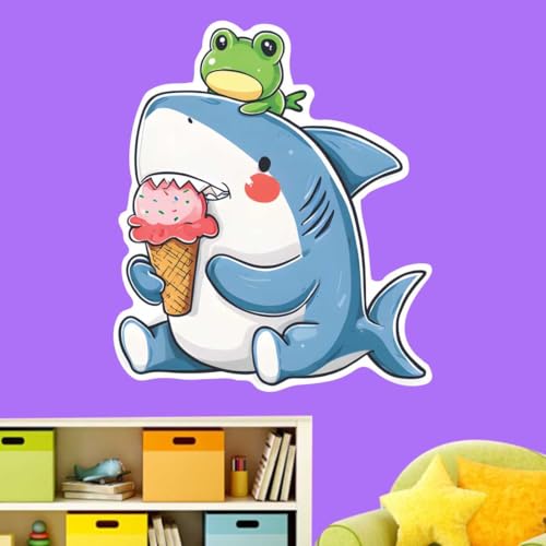 Image of Cute Shark with Ice Cream Wall Sticker | Cartoon Sea Animal Self Adhesive Wall Decal for Ki-ds Room, Nursery, Bedroom & Playroom Decoration
