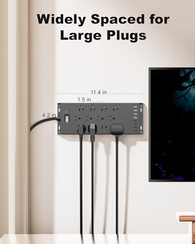 Image of Surge Protector Power Strip 4800J, LeZone 10Ft Long Extension Cord Flat Plug, 20 Outlets 8 USB Ports(4 USB-C), Wall Mountable, Desk Charging Station, Black