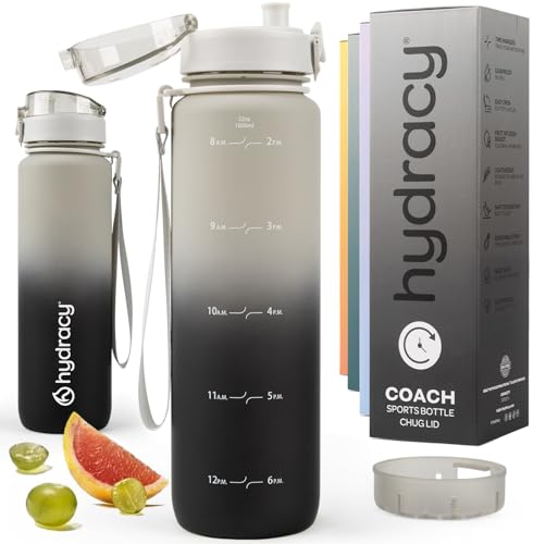 Image of Hydracy Water Bottle with Time Marker -Large 32oz BPA Free Water Bottle -Leak Proof Gym Bottle with Fruit Infuser Strainer & Times to Drink - Gradient Grey Black | BPA Free - Leak Proof Gym Bottle with times to drink - Ideal for Fitness Sports & Outdoors