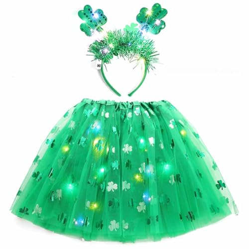DRESBE St. Patrick's Day Costume Set Green LED Shamrock Headband Skirt Light Up Irish Festival Apparel Suit for Women (2pcs)