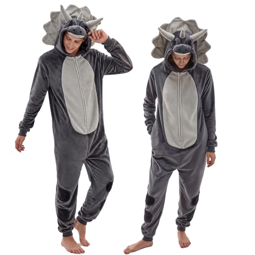 NEWCOSPLAY Unisex Adult Triceratops Onesie Pajamas Animal One Piece Halloween Costume Cosplay Sleepwear (Triceratops Small)