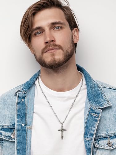 NORBU Designer Oxidized Sterling Silver Cross Necklace for Men, Vintage Chunky Big Cross Pendant, Meaningful Christian Religious Gifts for Fathers Day | Birthday | Christmas2