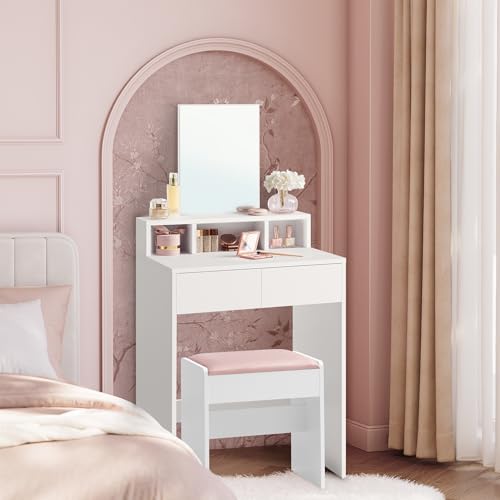 VASAGLE KAILYN Collection - Dressing Table with Large Mirror, Vanity Table with 2 Drawers and 3 Compartments, Makeup Table, Modern, White RDT103W01
