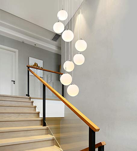 Long chandelier duplex moderne avec balles multiples en verre blanc