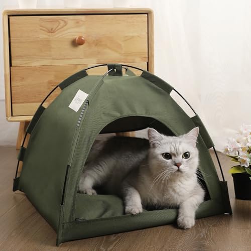 MANGOKKA Cat Tent with Cooler Pad, Foldable Portable Cat House, Waterproof Cute Dog Bed, Puppies and Other Small Animals, Removable and Washable (Green, Medium 15.75