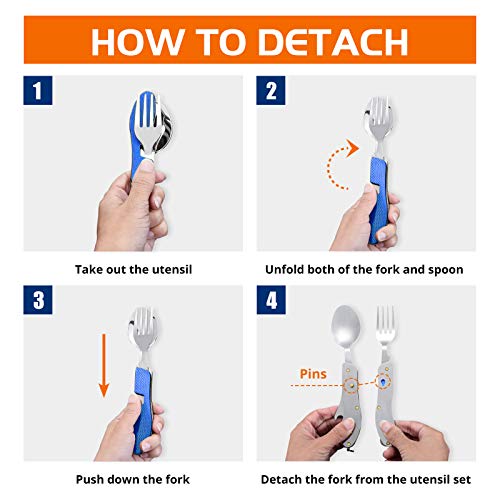 Camping Silverware Set HIKENTURE 4-In-1 Stainless Steel Hobo Knife Fork Spoon Bottle Opener with Storage Case (Blue)