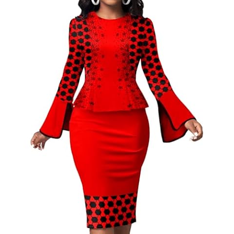 Women's Elegant Crew Neck Dress Bell Sleeve Peplum Work Business Office Church Bodycon Pencil Midi Dresses(Red,S) Cover