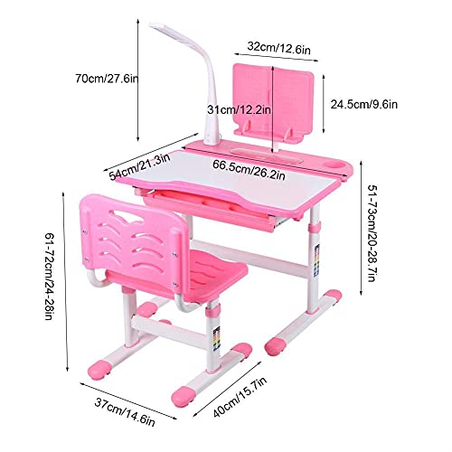 Pink Adjustable Kids Study Table and Chair Sets, Ergonomic Children's Desk and Chair Set Height Adjustable Tiltable School Desk Chair With Eye Protection Lamp Reading Stand for Girls Boys - Image 5