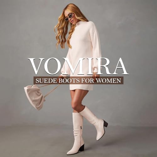VOMIRA Knee High Boots Women Suede Boots Pointy Toe Chunky Block Heels Side Zipper Wide Calf Boots Fashion Dress Tall Boots Fall Winter Long Boots4