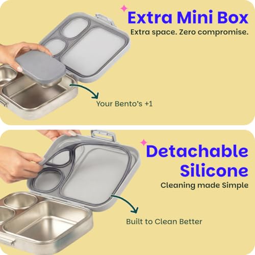 Image of Basil Bento Box Quad Plus -3+1 Compartment Stainless Steel Lunch Box (1020ml) with BPA Free Lid | Leak Proof Tiffin for Kids & Adults | Premium Lunch Box for School, Office & Picnic - Classic Grey