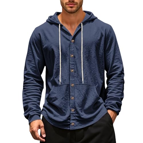 Generisch Camisa de lino para hombre, con botones, manga larga, algodón, con capucha, para verano, monocolor, holgada, con botones, camisa de verano, ligera y ventilada, cómoda para la playa, suave y