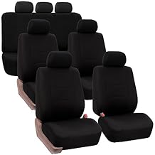 TLH Flat Cloth Black Seat Covers 3 Row 7 Seaters w/Steering Wheel Cover and Seat Belt Pads Combo- Automotive Seat Covers, Interior Accessories Car Seat Protector for Cars, Auto, Trucks, SUV