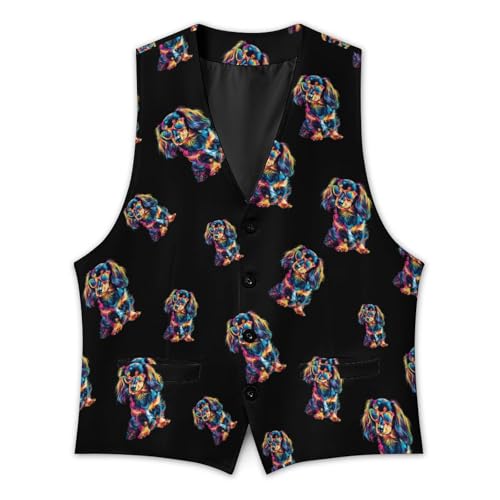 Colorful Long Haired Dachshund Dog Men's Suit Vest Casual Formal Dress Vests Business Waistcoat3