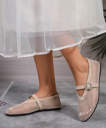 Mesh Ballet Flats for Women Buckle Strap Comfy Round Toe Fishnet Ballerina Flat Shoes Mary Jane Flats Causal Daily Dress Shoes