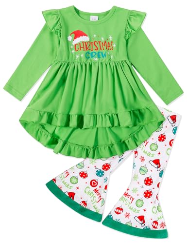 Image of Toddler Girl Christmas Outfit 2t-3t Girls Christmas Outfits Christmas Crew Green Ruffle Long Sleeve Top Christmas Pattern Bell Pants 2pcs Sets