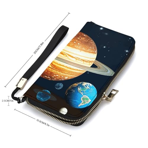 Glow in The Dark Solar System Planet Ladies' Leather Wallet With Hand Strap Slim Vertical Purse Wallets Card Case Long Zip Around Long Wallet Credit Cards Holder Phone Clutch2