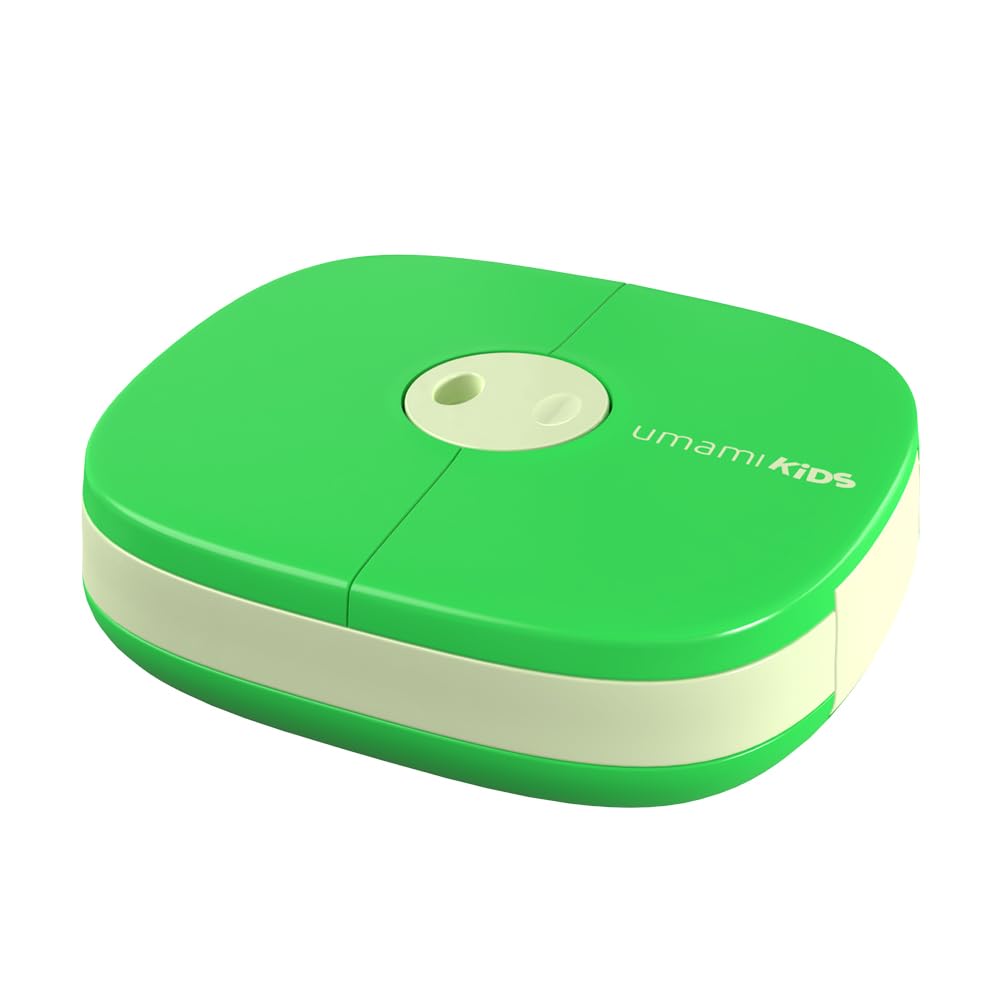 Umami Kids Lunch Box with Cutlery, Leak-Proof, Durable, Bento-Style, 3 Big Compartments, Ideal Portion Sizes for Ages 3 to 9, for Daycare Boys and Girls, BPA-Free, Microwave & Dishwasher Safe (Green)