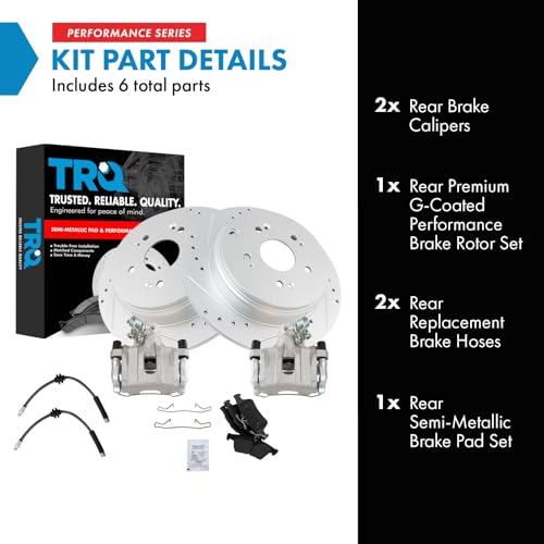 Image of TRQ Performance Rear Brake Pad and Rotor Set Semi Metallic Slotted Drilled G Coated Rotors Calipers Hoses Compatible with 2006-2008 Mazda 3 S 2007-2008 Mazda 3 MazdaSpeed