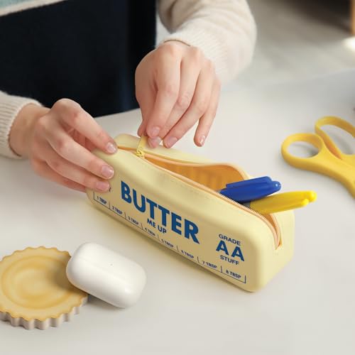 Image of Genuine Fred BUTTER ME UP Silicone Pouch, Soft Flexible Material with Zipper Closure, For desk supplies, makeup, cords, travel essentials, 7.5 x 2 x 2.4 Inch