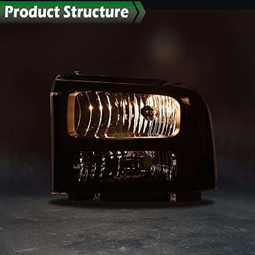 Image of GRAND ORANGE Headlights Assembly Compatible with Ford F250 F350 F450 F550 Super Duty 1999-2004 / Fit Ford Excursion 2000-2004 Headlamp Smoke lens Black Housing Amber Reflector