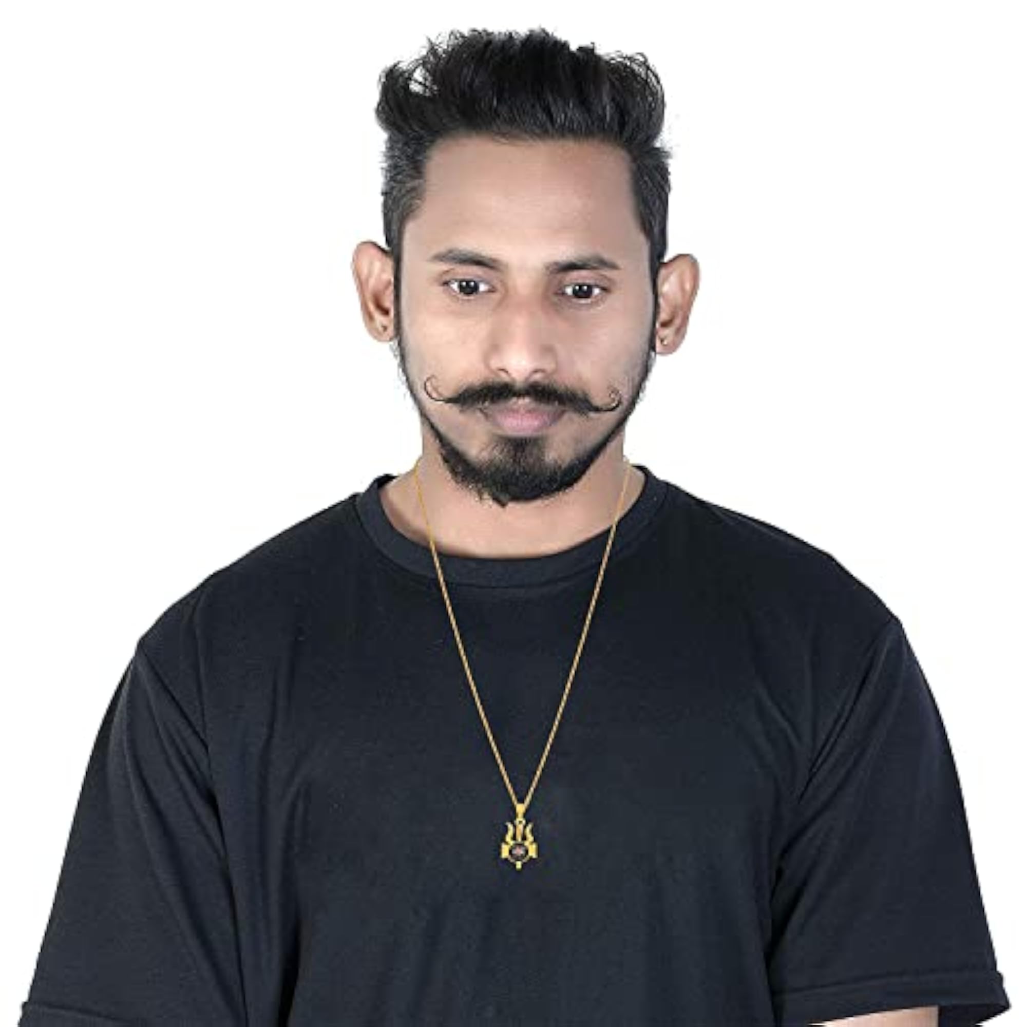 Gold Plated Brass Shiv Shakti Trishul Damru Pendant Chain Necklace & Ring Set